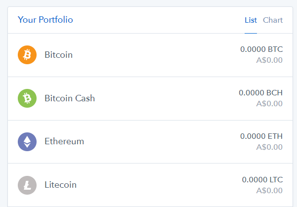 Coinbase holding list with Bitcoin, Ethereum, Litecoin and Bitcoin Cash balances