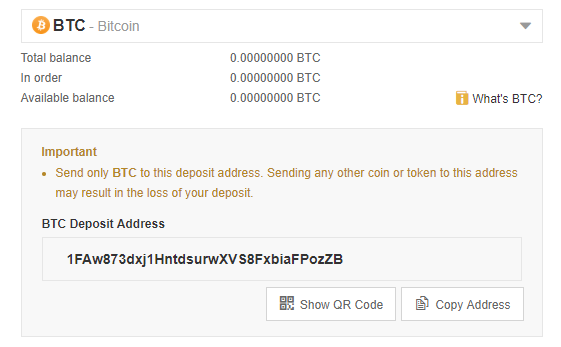 Deposit Bitcoin on Binance: send to QR Code on deposits page