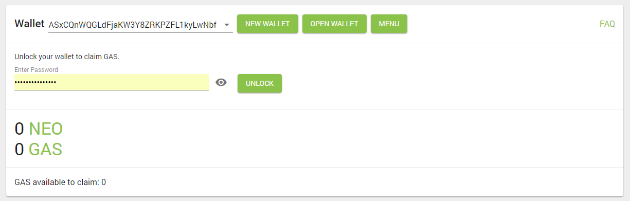 UI with wallet address, NEO & GAS volumes